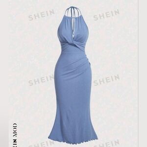 Mod Twist Front Tie Blue Backless Halter Dress